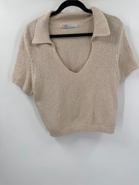 Free People Beach Beige Knit Short Sleeve Sweater Top Women’s Size L
